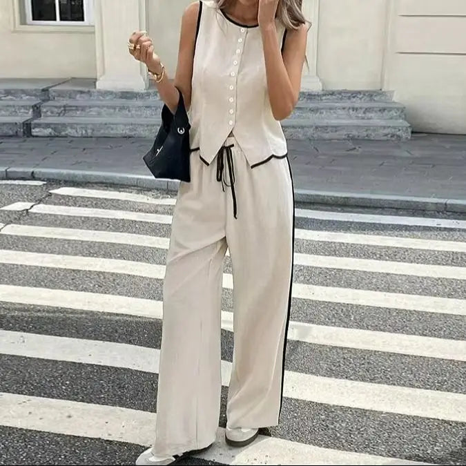 Blocked Round Neck Vest Top Wide Leg Pants Casual Set