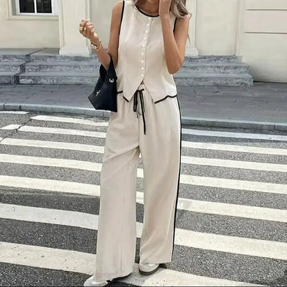 Blocked Round Neck Vest Top Wide Leg Pants Casual Set