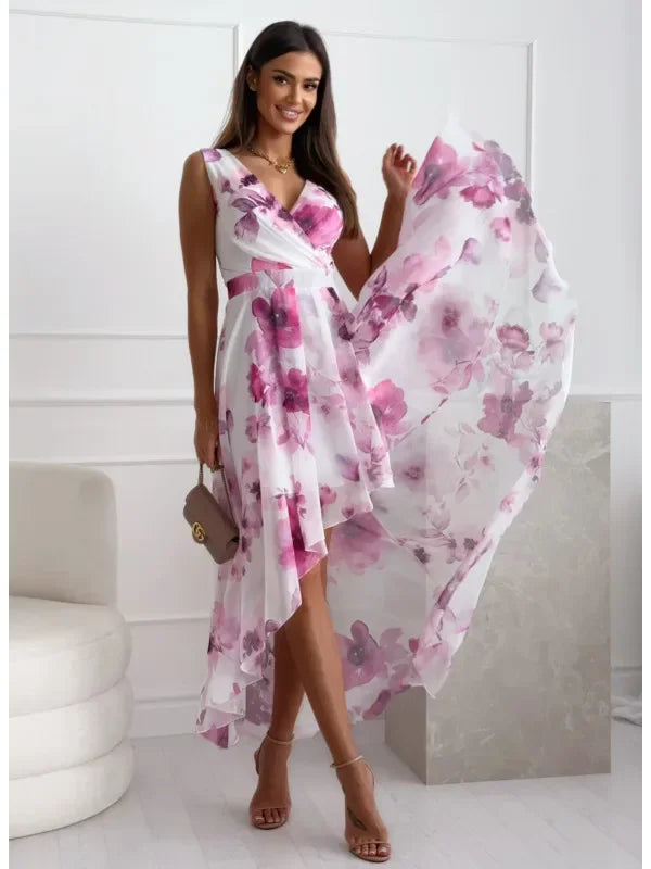 V-neck Pullover Ruffled Sleeveless Printed Dress