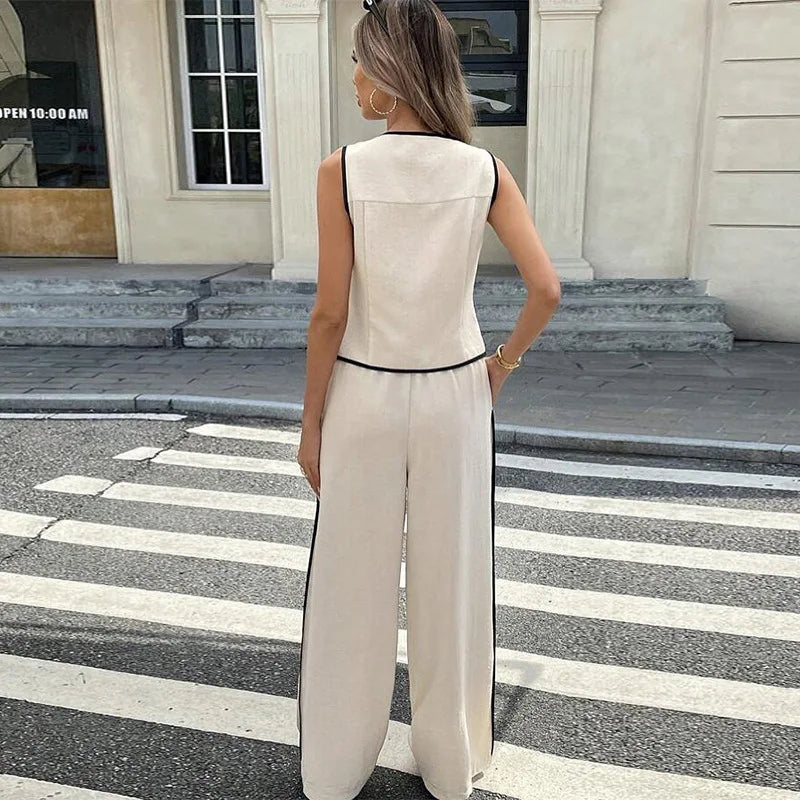 Blocked Round Neck Vest Top Wide Leg Pants Casual Set