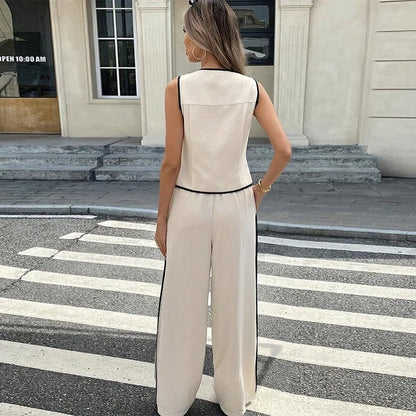Blocked Round Neck Vest Top Wide Leg Pants Casual Set