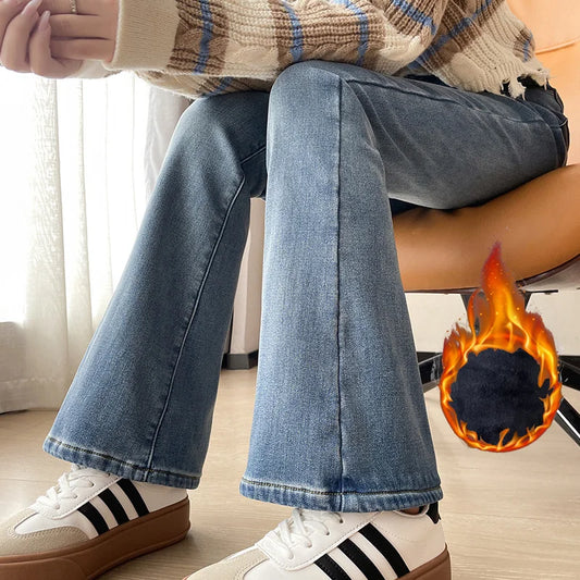 Women Warm Plush Flared Jeans