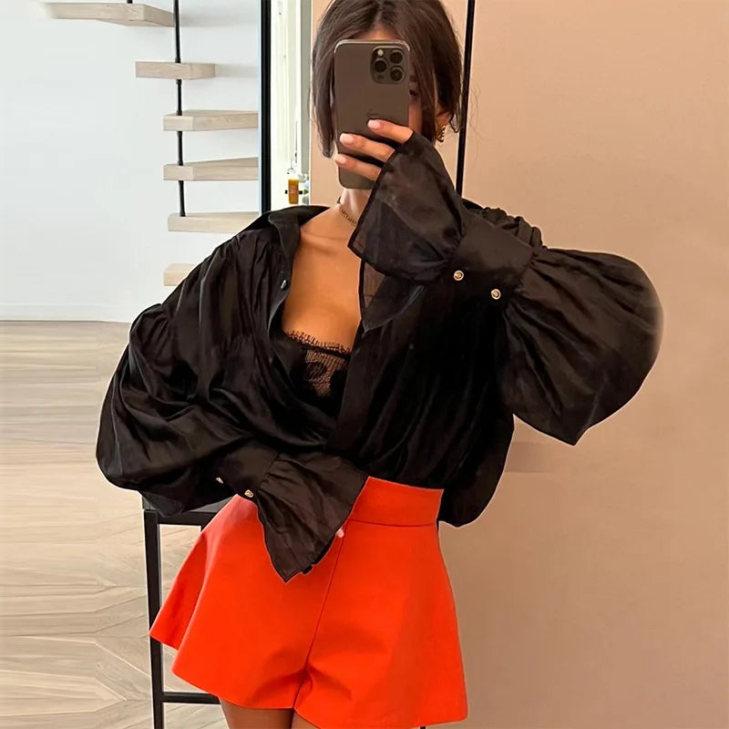 Fresh Loose Lapel Lantern Sleeve Long Sleeve Shirt