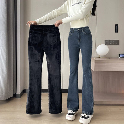 Women Warm Plush Flared Jeans