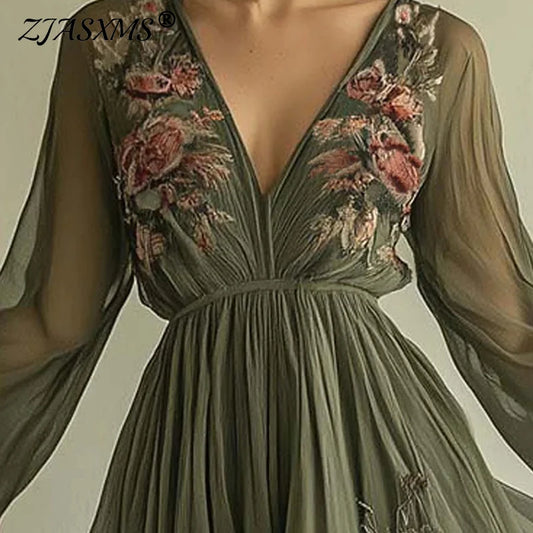Long Sleeve High Waist Evening Dress