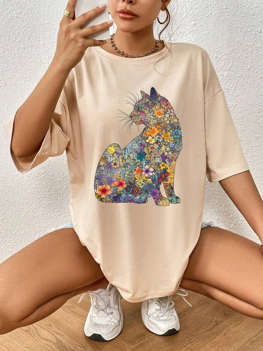 T-Shirt Flowers & Cats Short Sleeve Tees