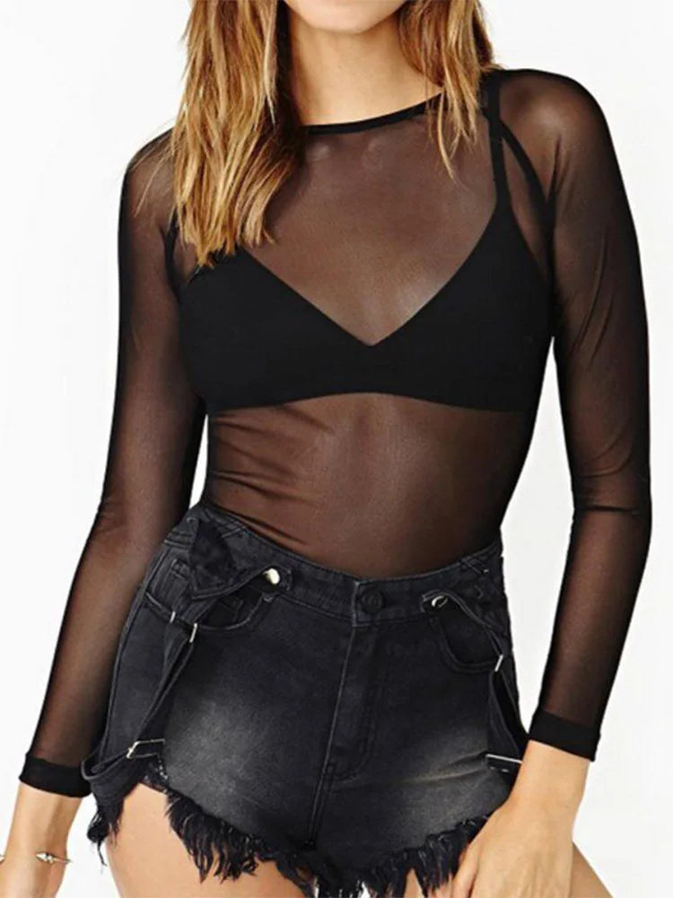 Long Sleeve Sexy Black Mesh Top