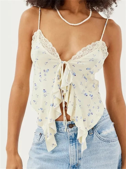 Vintage Floral Print Lace Camis Tops