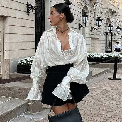 Fresh Loose Lapel Lantern Sleeve Long Sleeve Shirt