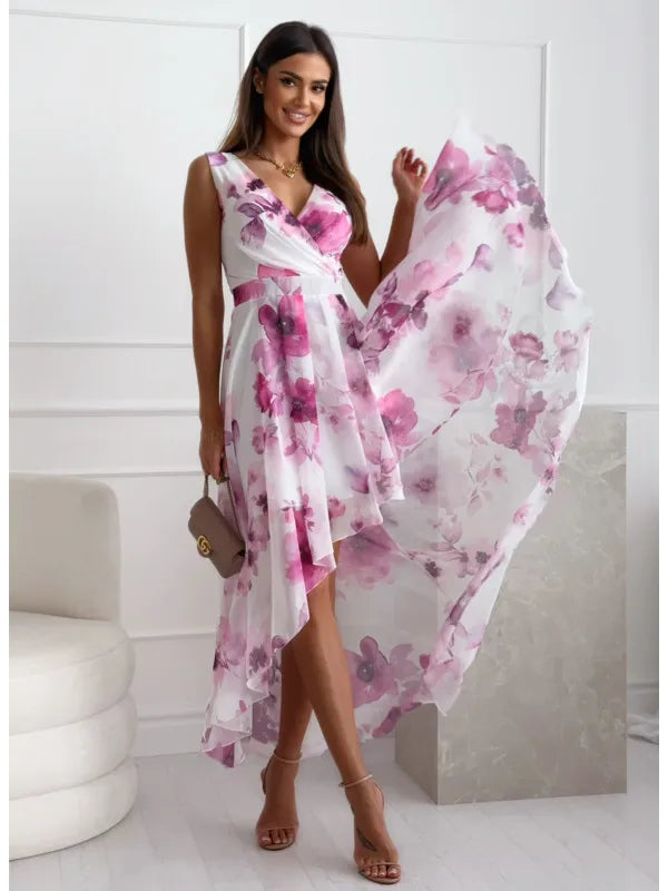 V-neck Pullover Ruffled Sleeveless Printed Dress