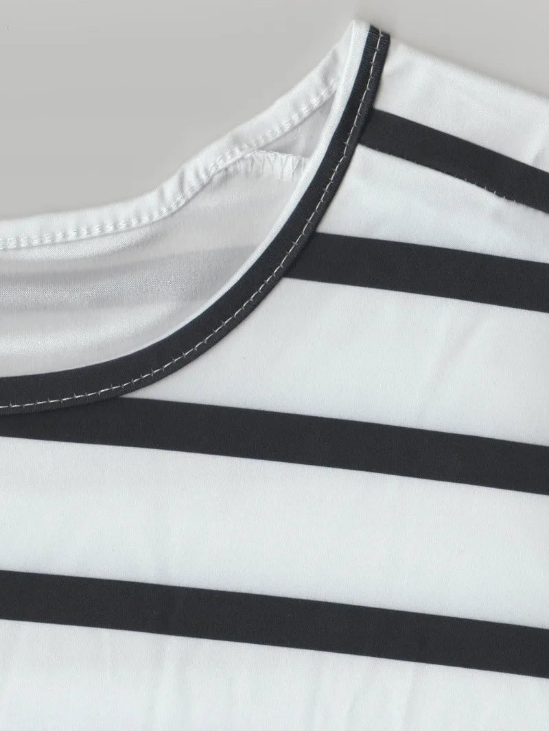 Round Neck Spliced Striped Short Sleeved Versatile Outerwear T-Shirt