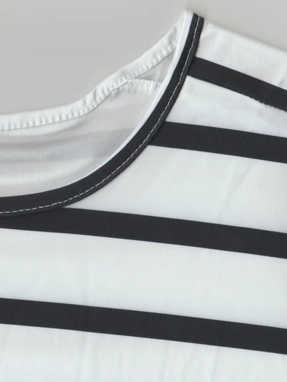 Round Neck Spliced Striped Short Sleeved Versatile Outerwear T-Shirt