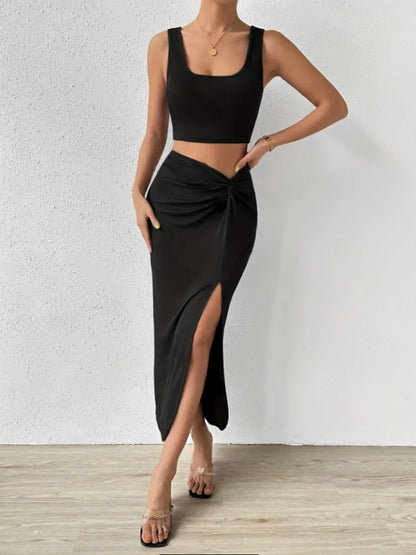 Sleeveless Vest Top Side Slit Long Skirt Suit