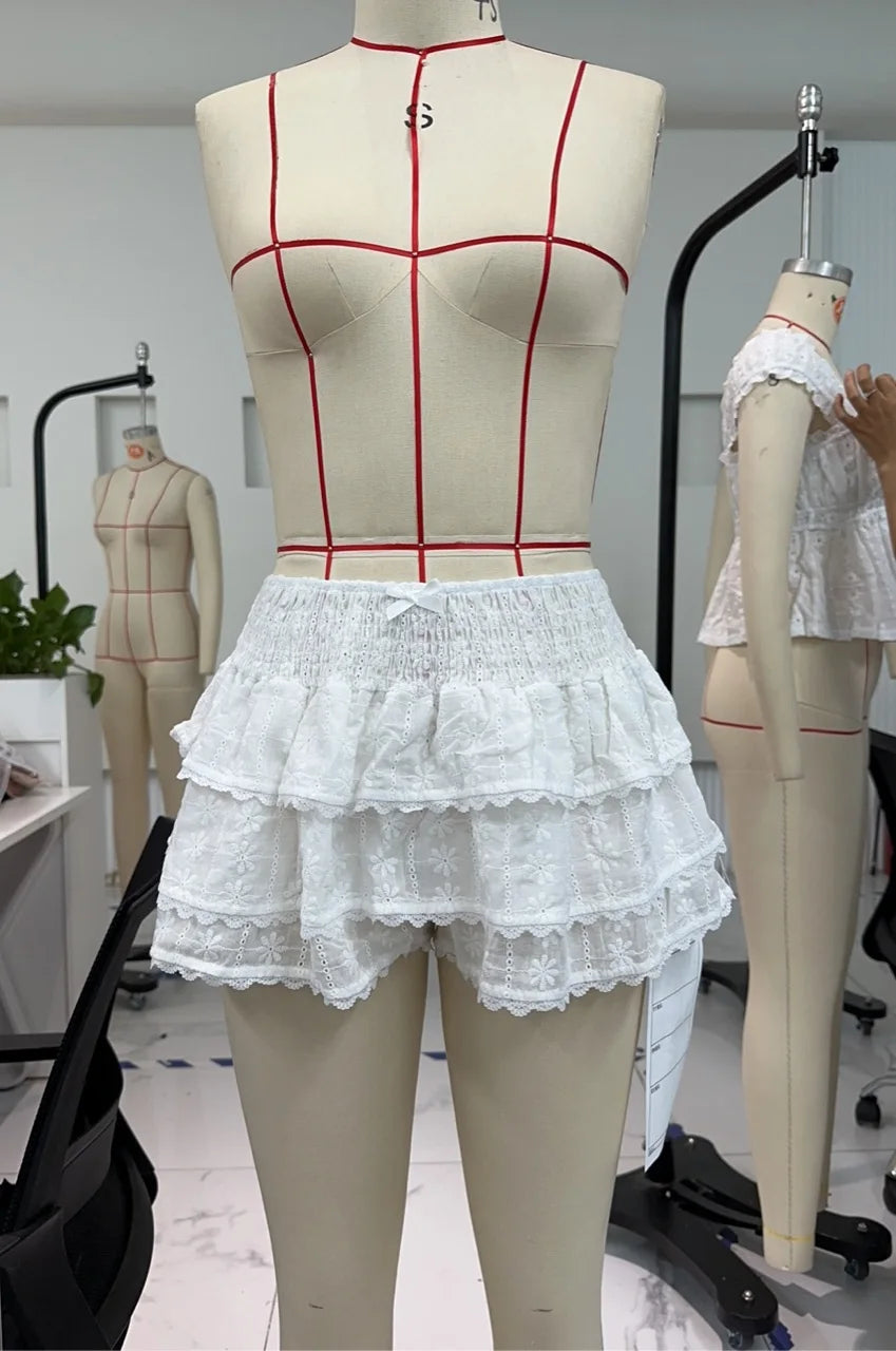 Floral Embroidery White Shorts