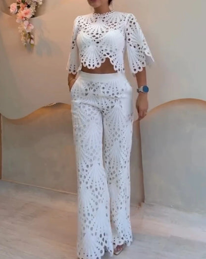 Lace Hollow Out Bell Sleeve Crop Top and Slim Fit Straight Leg Pants Set