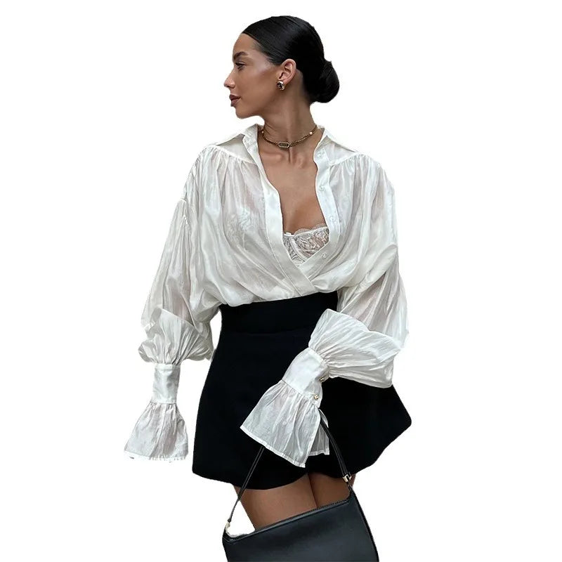Fresh Loose Lapel Lantern Sleeve Long Sleeve Shirt