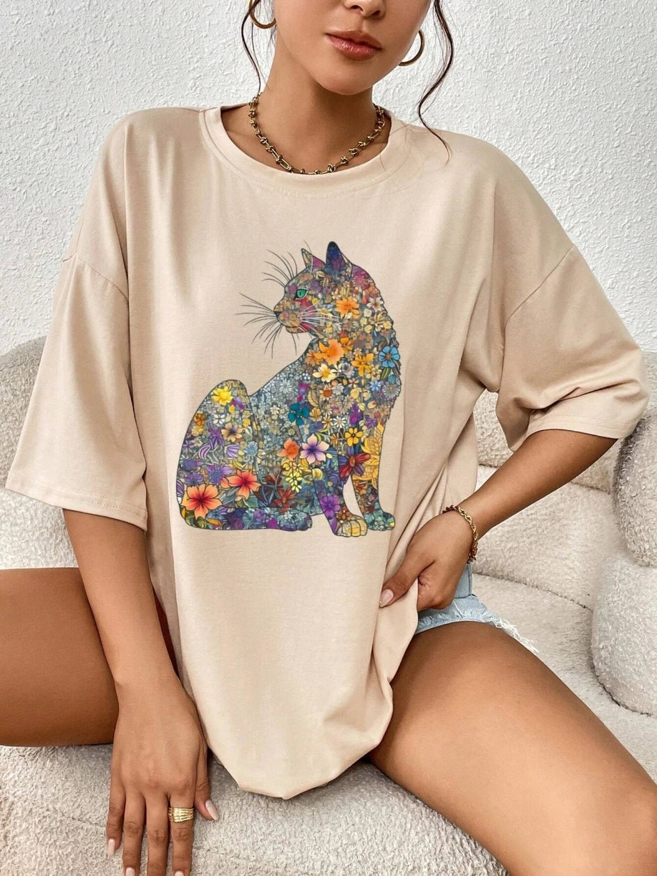 T-Shirt Flowers & Cats Short Sleeve Tees
