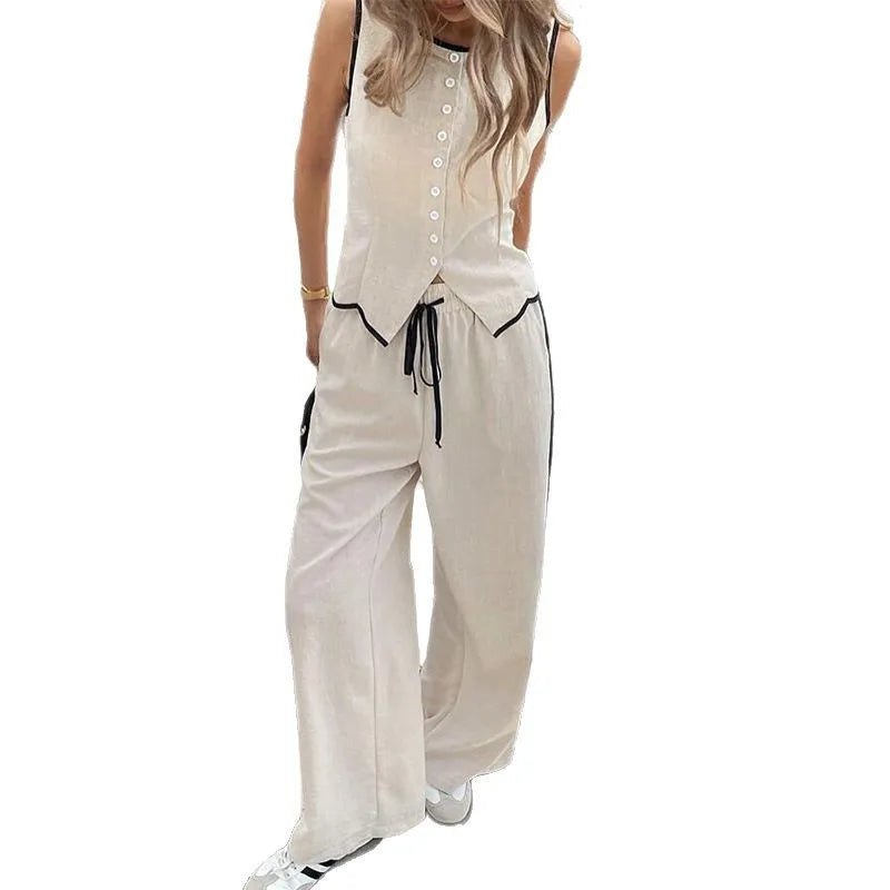 Blocked Round Neck Vest Top Wide Leg Pants Casual Set