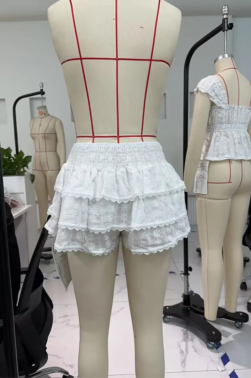 Floral Embroidery White Shorts
