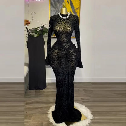 elegant semi high collar lace long sleeved dress