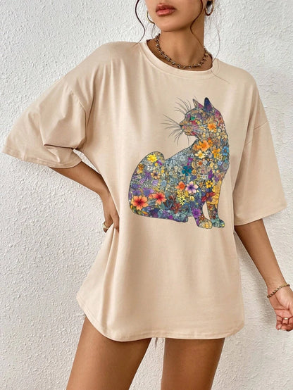 T-Shirt Flowers & Cats Short Sleeve Tees