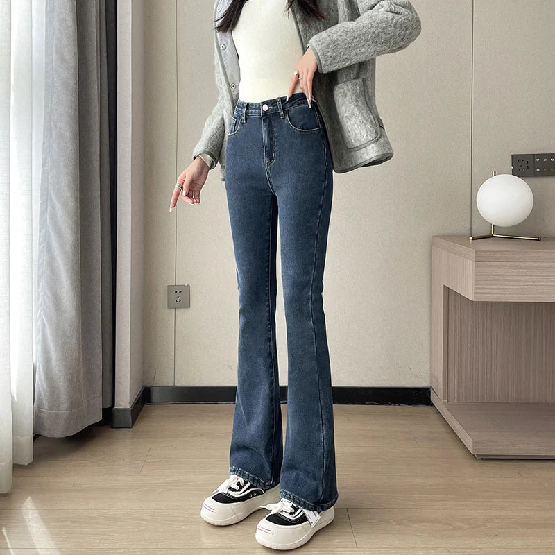 Women Warm Plush Flared Jeans