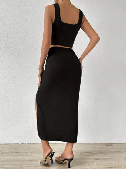 Sleeveless Vest Top Side Slit Long Skirt Suit