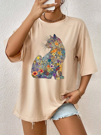 T-Shirt Flowers & Cats Short Sleeve Tees
