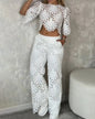 Lace Hollow Out Bell Sleeve Crop Top and Slim Fit Straight Leg Pants Set
