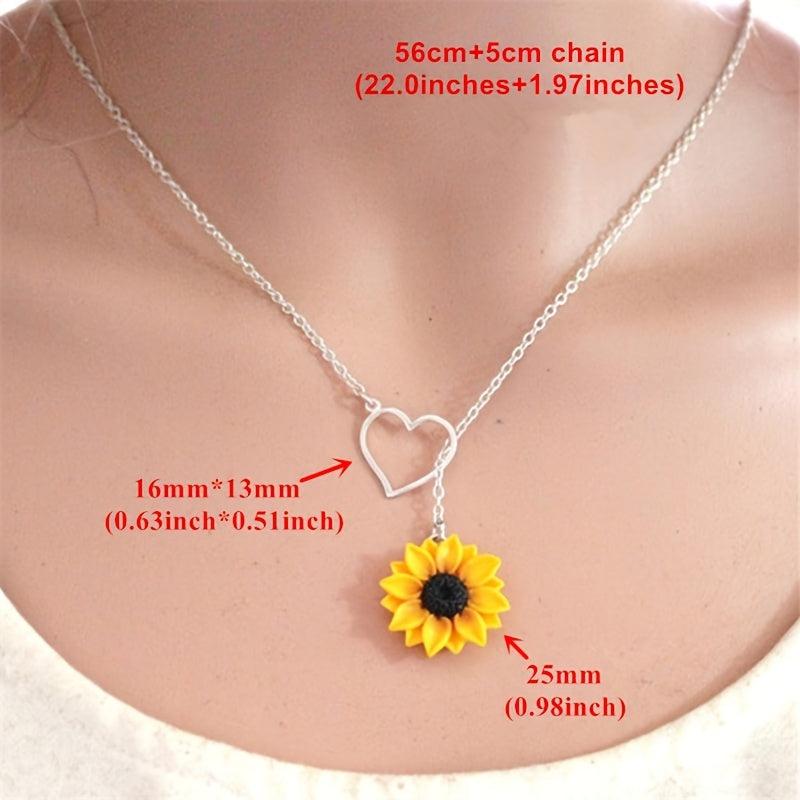 Vibrant Yellow Sunflower Heart Lariat Necklace