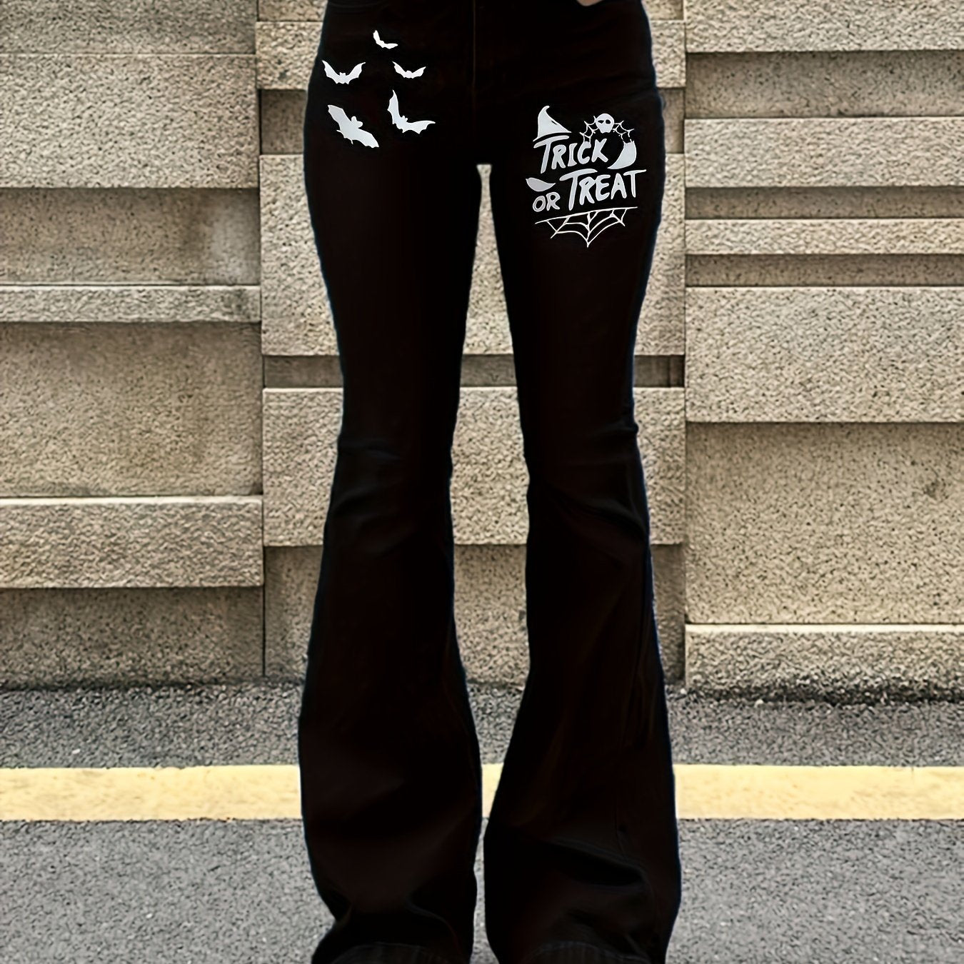Black Skull & Letter Print Flare Jeans