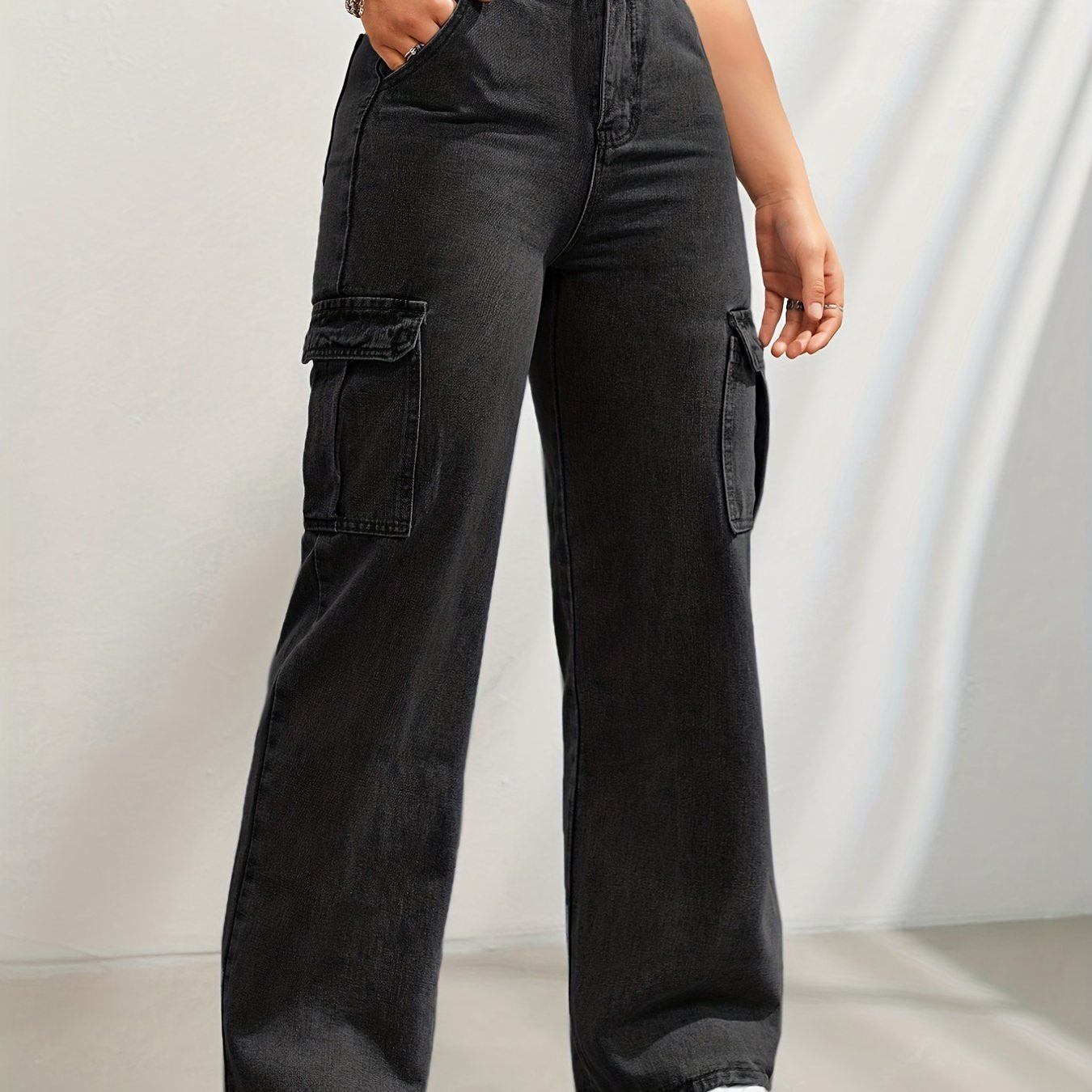 High-Waisted Denim Cargo Jeans
