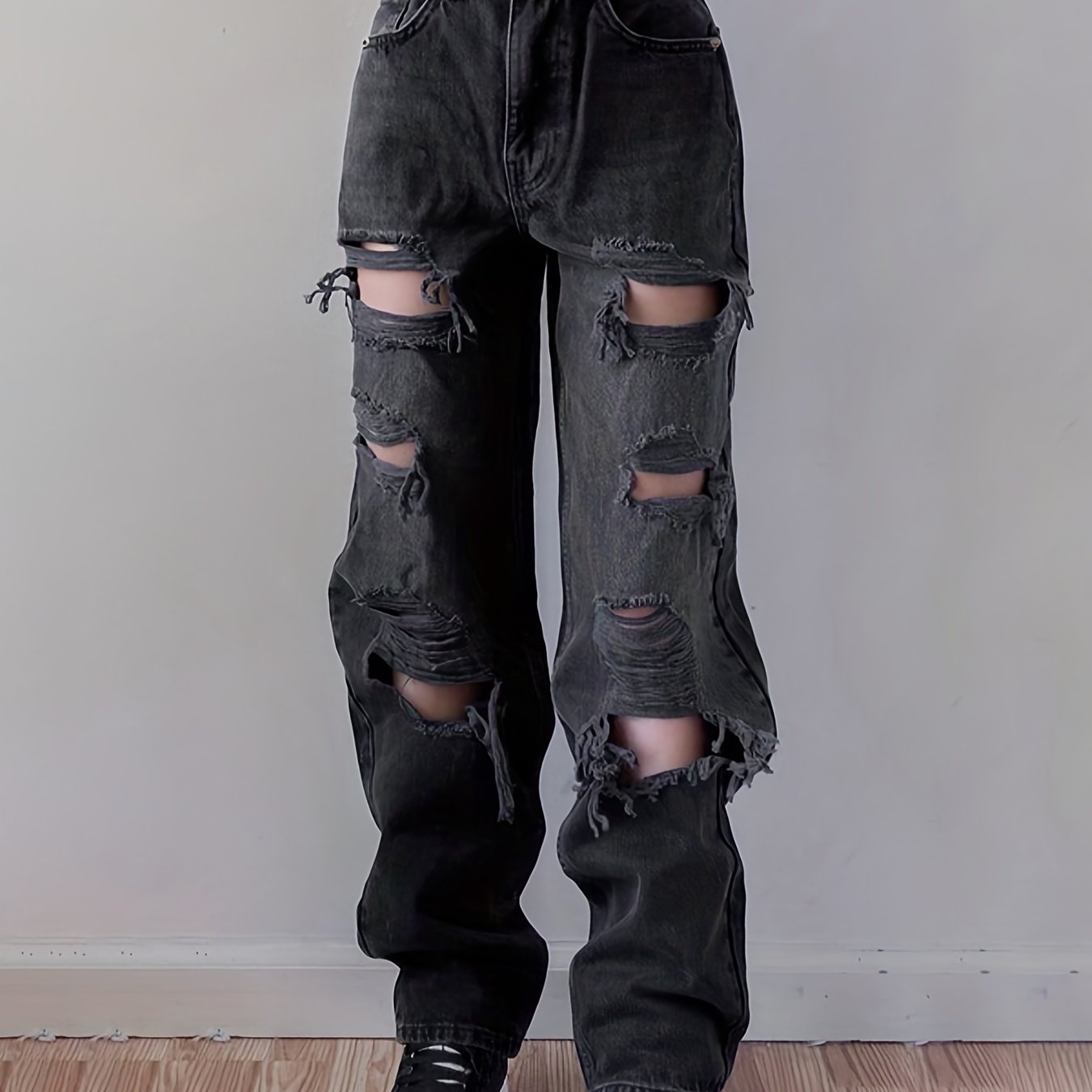 Plain Ripped Holes Straight Jeans