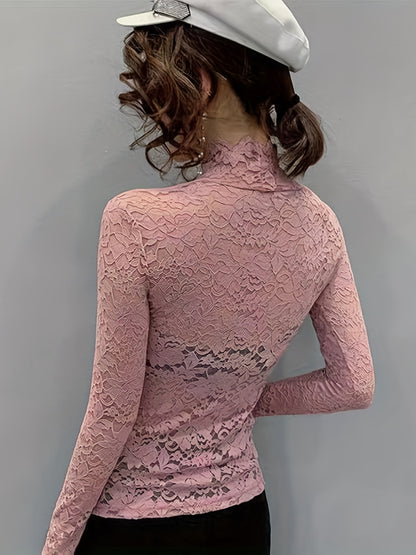Lace Mock Neck Long Sleeve Slim Fit Top