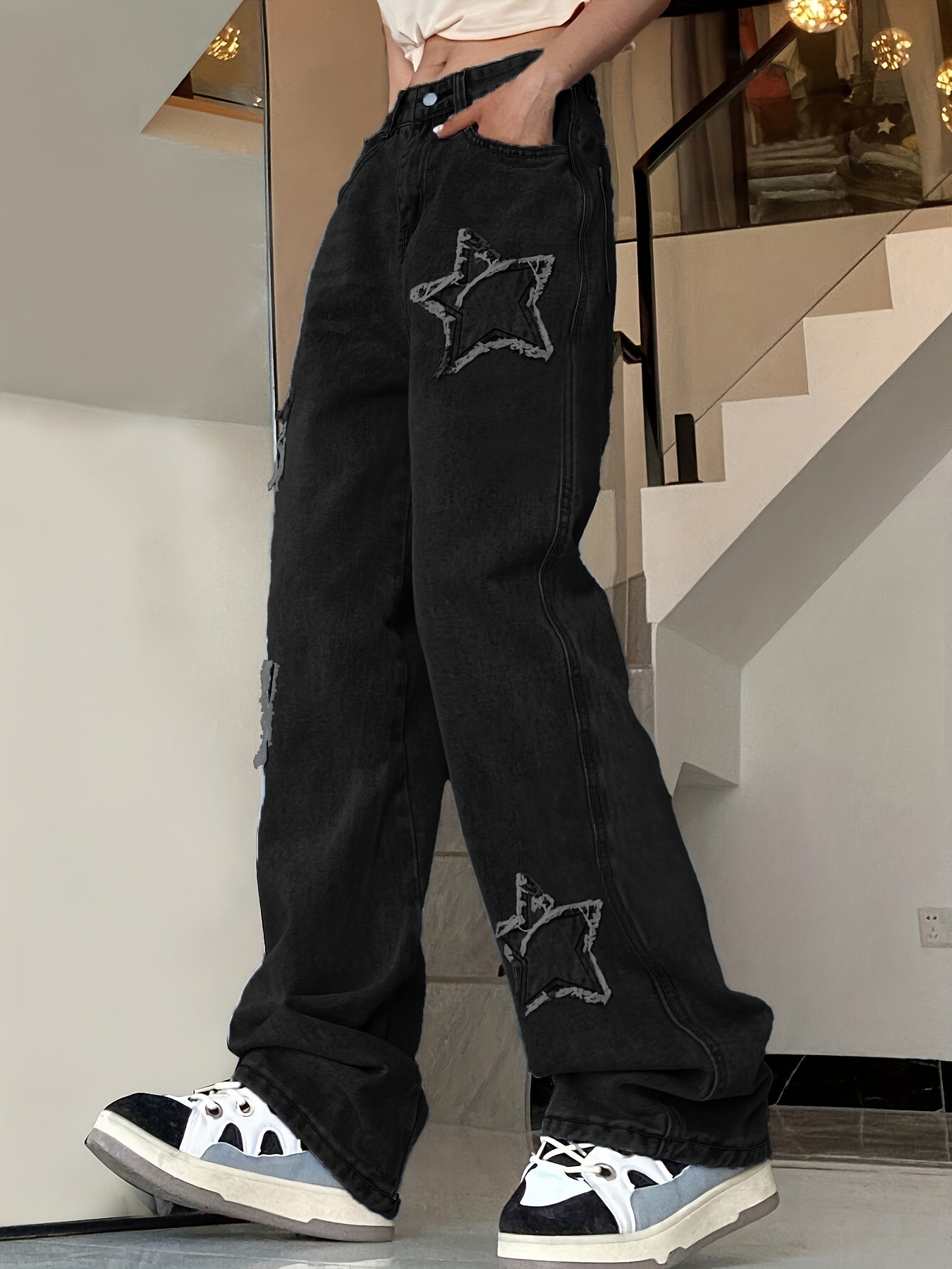 Vintage-Inspired Blue Star Wide-Leg Jeans