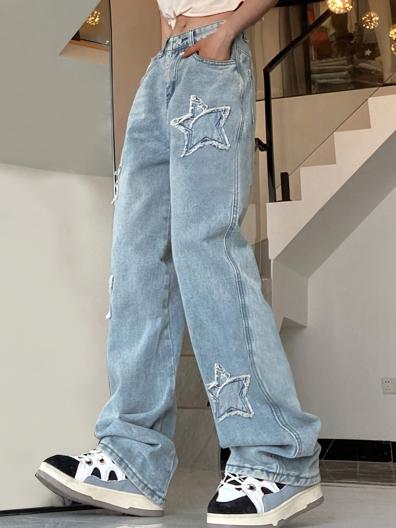 Vintage-Inspired Blue Star Wide-Leg Jeans