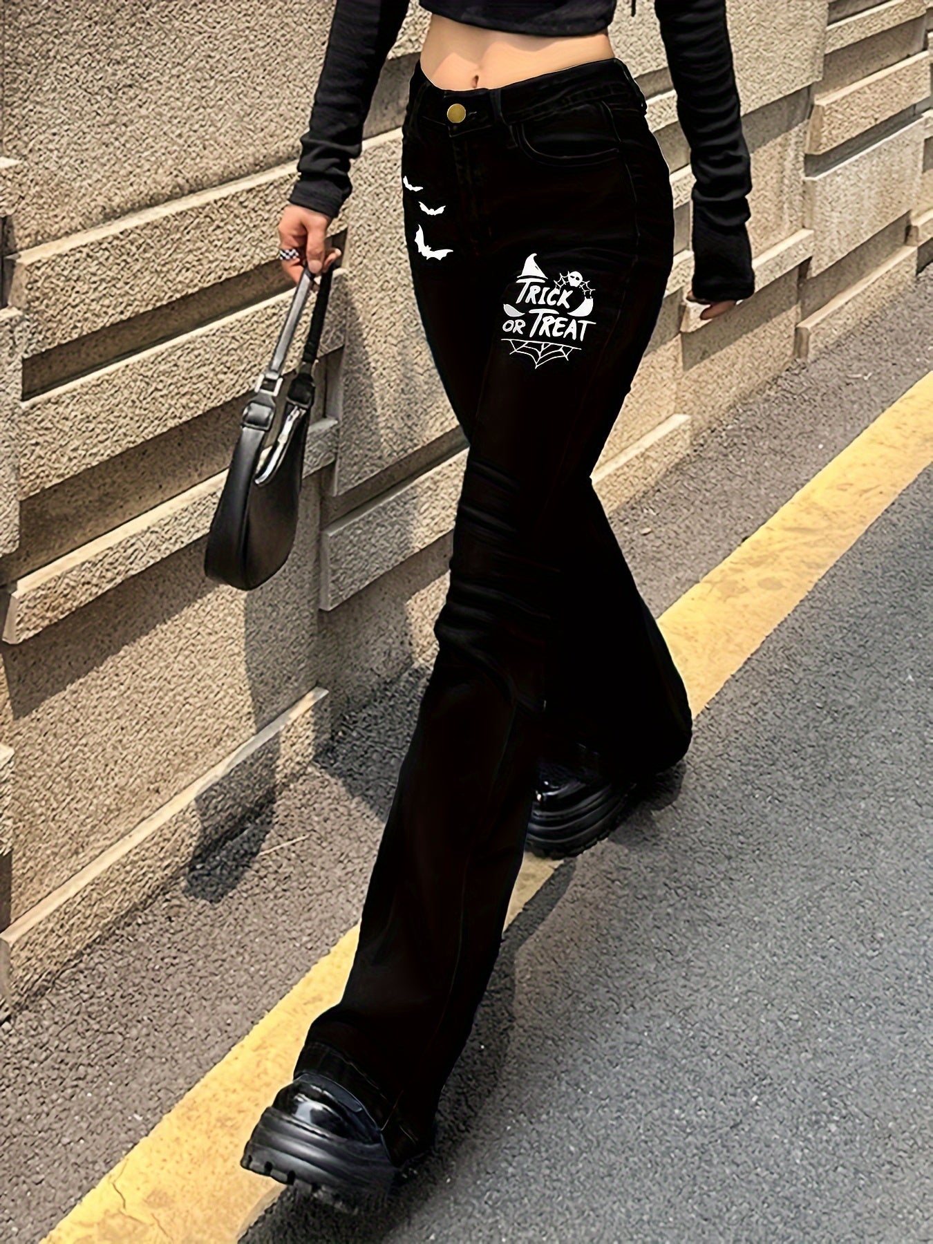 Black Skull & Letter Print Flare Jeans