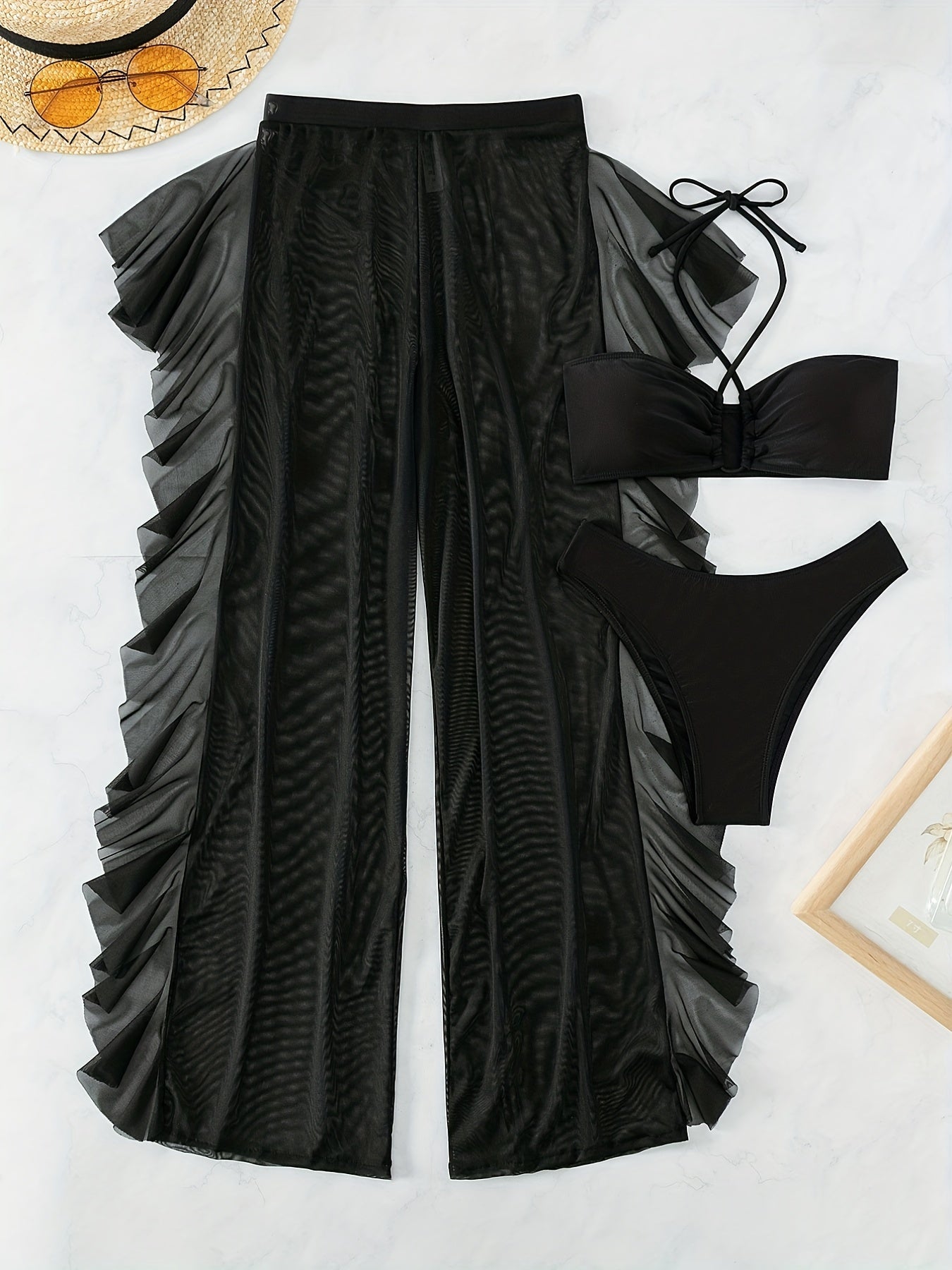 Semi-Sheer Fashion Ruched Crisscross Strap Mesh Bikini Set for Women