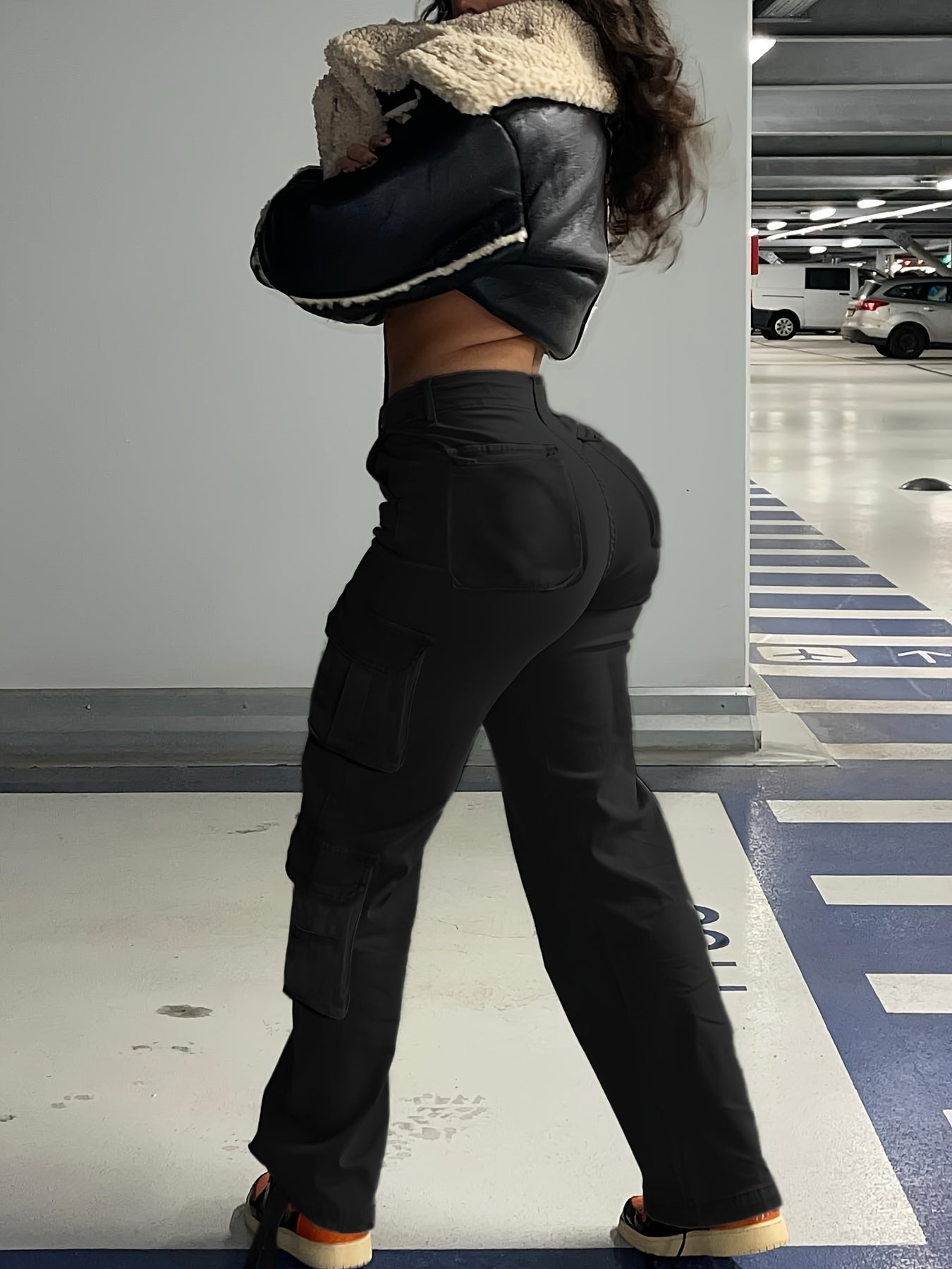 Black Flap Pockets Straight Jeans