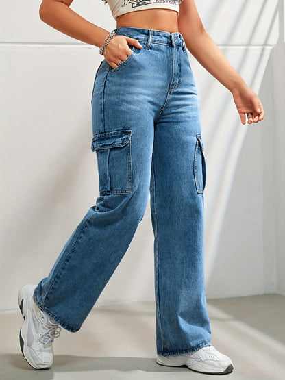 High-Waisted Denim Cargo Jeans
