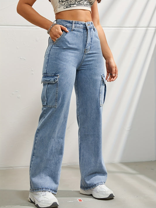 High-Waisted Denim Cargo Jeans