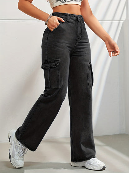 High-Waisted Denim Cargo Jeans