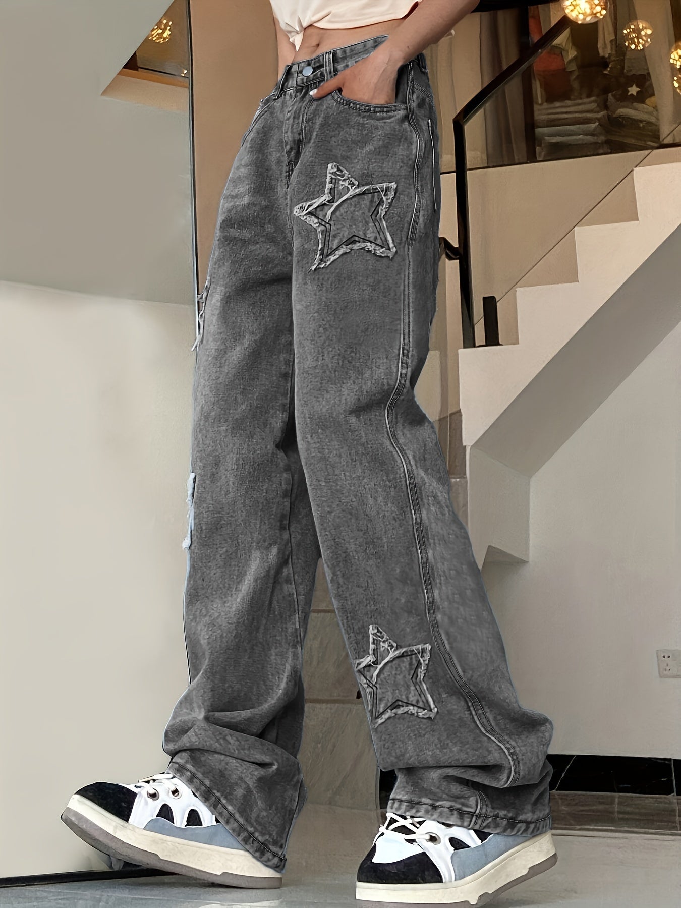 Vintage-Inspired Blue Star Wide-Leg Jeans