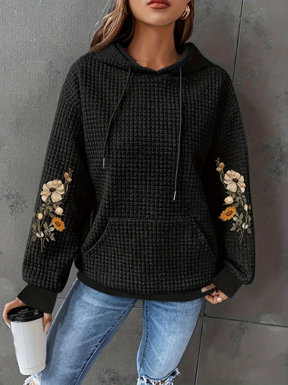 Black Floral Print Waffle Hoodie