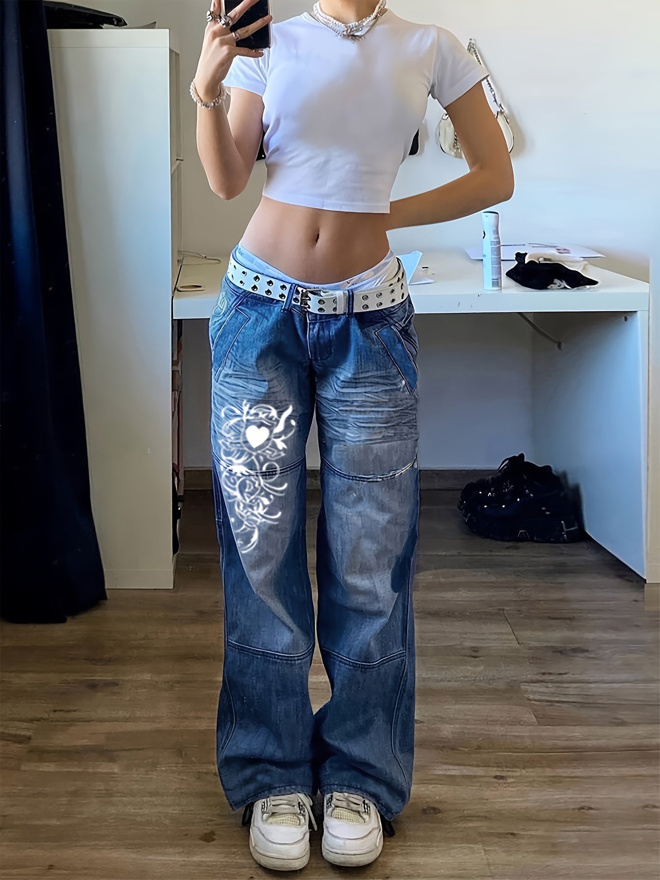 Trendy Washed Heart Pattern Cargo Jeans